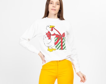 Small 80s Christmas Goose Sweatshirt | Vintage White Animal Graphic Raglan Sleeve Pullover