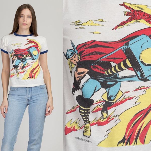 70s Thor Marvel Comics T Shirt Extra Small | Vintage Rare Avengers Graphic Ringer Tee