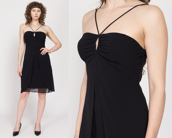 Sm-med 90s Flowy Black Mini Party Dress | Vintage Keyhole