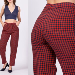 80s 90s High Waisted Red Plaid Cotton Pants Small , 27" | Vintage Retro Tapered Leg Lounge Trousers