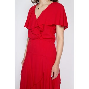 Medium 80s Red Flowy Capelet Maxi Dress Boho Vintage Flutter Sleeve V Neck Tiered Dress image 7
