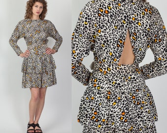 80s Silk Cheetah Print Keyhole Back Party Dress Small | Vintage Belted Long Sleeve Mini Dress