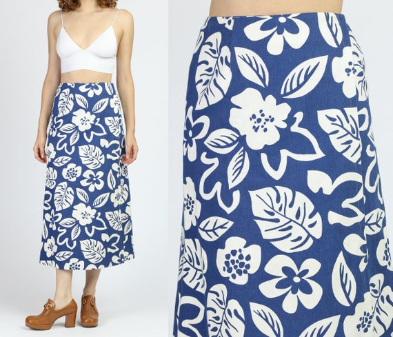 70s Floral Denim Wrap Skirt - Extra Small | Vintag