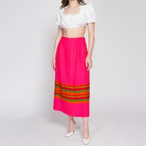 60s 70s Pink Striped Maxi Skirt - Medium, 30&quot; Waist | Vintage Woven A Line Long Boho Hostess Skirt