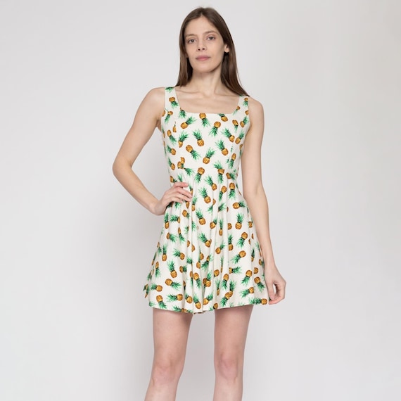 Y2K Pineapple Print Fit & Flare Mini Dress - Extra Small