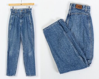 80s Lee Acid Wash High Waist Mom Jeans XXS | Vintage Pleated Tapered Leg Denim High Rise Jeans