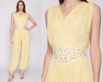 Sm-Lrg 70s Boho Yellow Gauzy Cotton Harem Jumpsuit | Vintage Floral Cut Out Grecian Hippie Pantsuit Genie Outfit