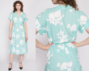 80s Aqua Blue Floral Shirtdress Medium | Vintage Button Up Cuffed Sleeve Midi Secretary Dress