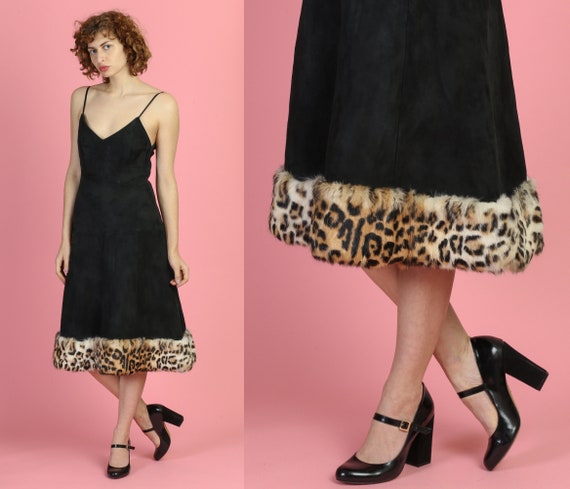 60s Black Suede Fur Trimmed Dress - Small | Vintag