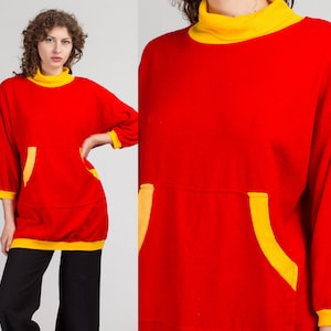 Large 80s Long Red & Yellow Turtleneck Sweatshirt Vintage Soft Slouchy Pocket Pullover Sweater Dress image 1