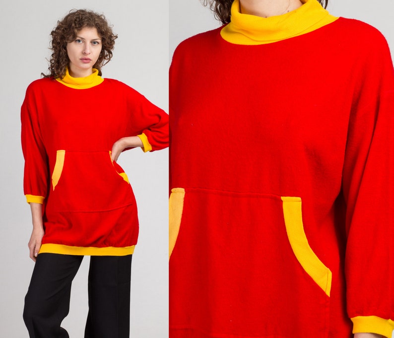 Large 80s Long Red & Yellow Turtleneck Sweatshirt Vintage Soft Slouchy Pocket Pullover Sweater Dress image 1