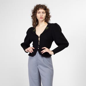 Med-Lrg 80s Tyrolean Black Cropped Heart Cardigan | Vintage Austrian Trachten Button Up Wool Knit Sweater