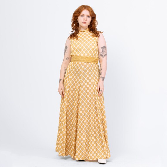 Vintage 70s Gold Honeycomb Lurex Knit Maxi Dress - Large