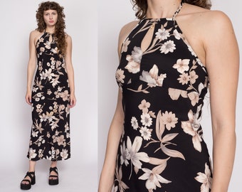 XS 90s Boho Black Floral Halter Maxi Dress | Vintage Tropical Flower Print Keyhole Neck Sundress