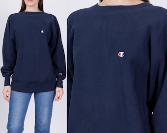 90s Champion Reverse Weave Navy Blue Sweatshirt Men's Medium, Women's Large | Vintage Distressed Made In USA Unisex Crew Neck Pullover