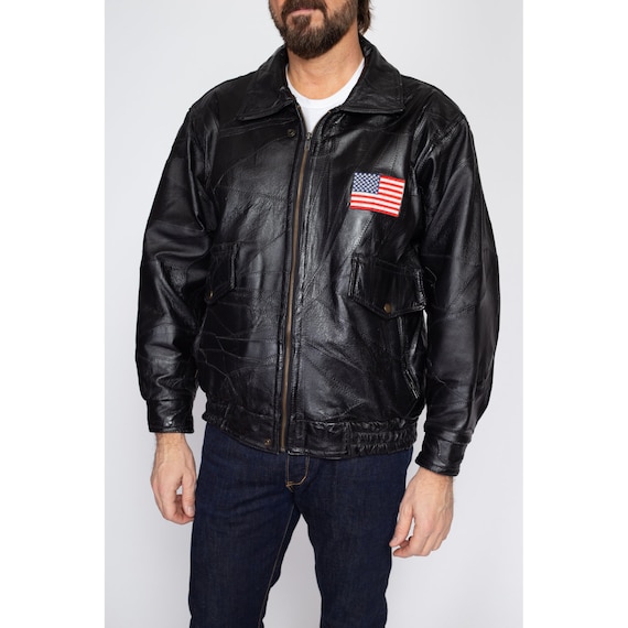 90s Black Patchwork Leather American Flag Moto Ja… - image 3
