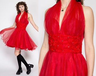 Medium 80s Red Halter Bombshell Party Dress | Vintage Faviana Fit & Flare Retro Low Back Mini Prom Dress