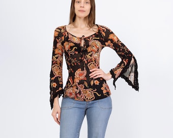 Vintage Y2K Sheer Paisley Floral Angel Sleeve Blouse - Extra Small | Boho Black Keyhole Neck Hippie Top