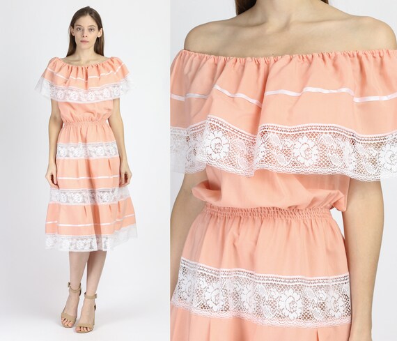 70s Mexican Peach Pink Lace Tiered Midi Dress - La