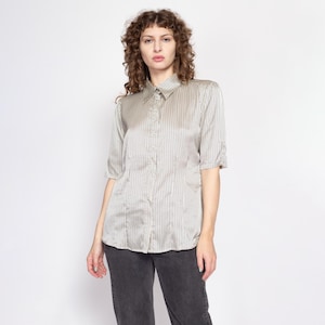 80s Black & White Polka Dot Satin Shirt - Large | Vintage Button Up Short Sleeve Collared Shirt