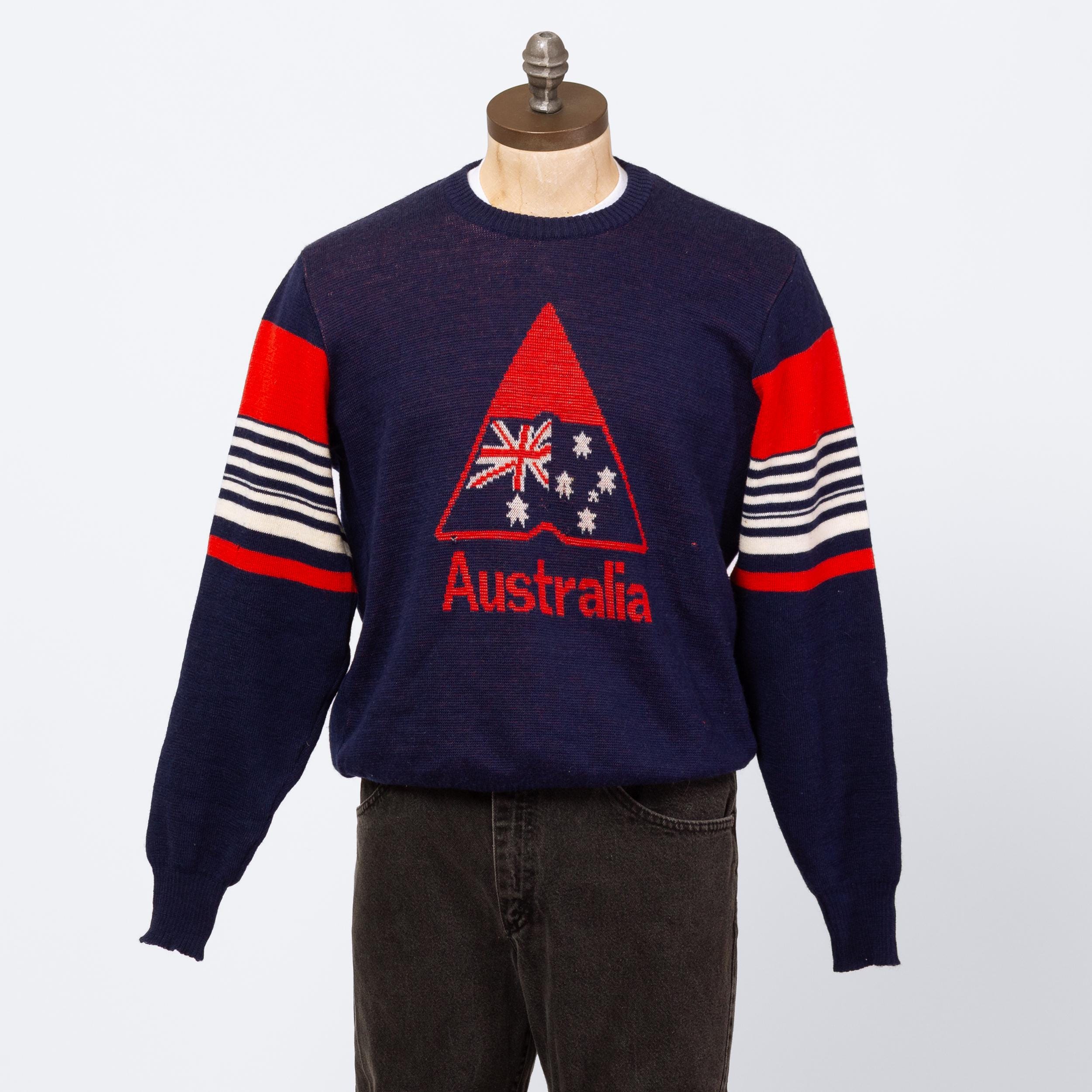 Vintage 80s Australia Wool Knit Sweater - Large | Navy Blue