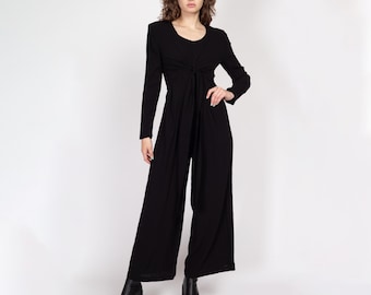 Medium 90s Black Wide Leg Tie Front Jumpsuit | Boho Vintage Long Sleeve Pantsuit
