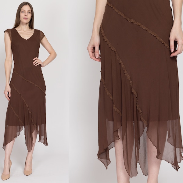 Medium 90s Brown Silk Scarf Hem Party Dress | Vintage Cap Sleeve Boho Lace Trim Hanky Midi Dress