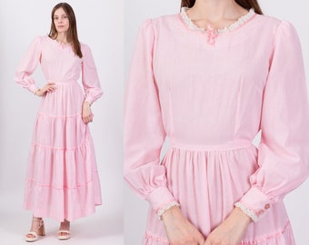 Small 70s Pink Gingham Prairie Maxi Dress | Vintage Cottagecore Boho Sheer Long Sleeve Gown