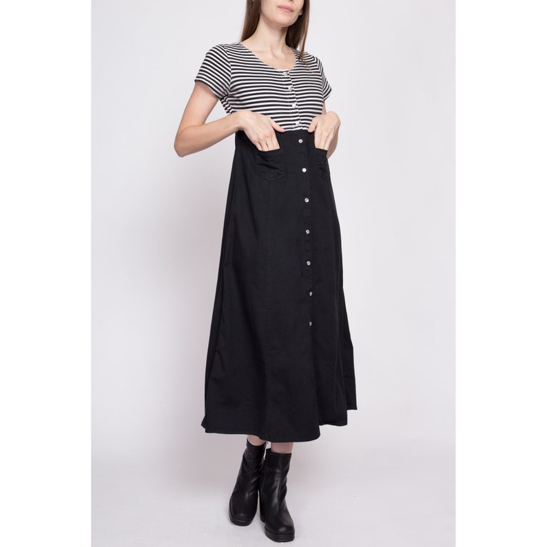 Small 90s Grunge Two Tone Striped Midi Dress Vintage Button Front A Line Black & White Pocket Dress image 3