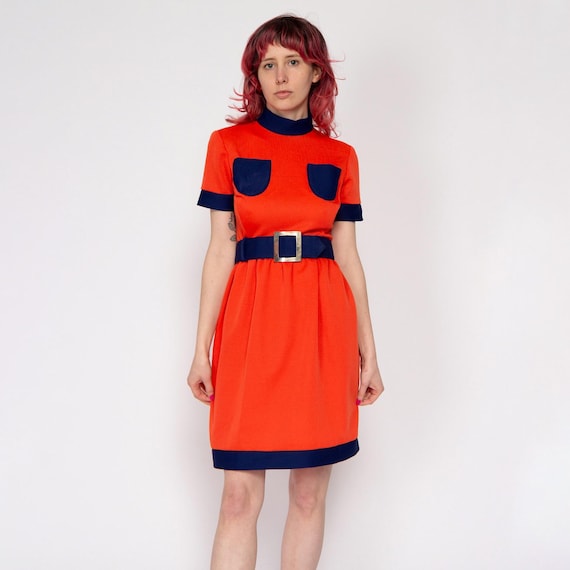 60s Mod Space Age Color Block Belted Mini Dress - Extra Small