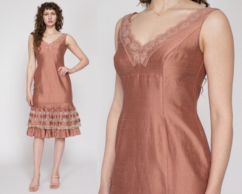 Medium 80s Dusty Rose Raw Silk Cupcake Dress Vintage Sleeveless Sheath Ruffle Hem Lace Trim Midi Party Dress image 1