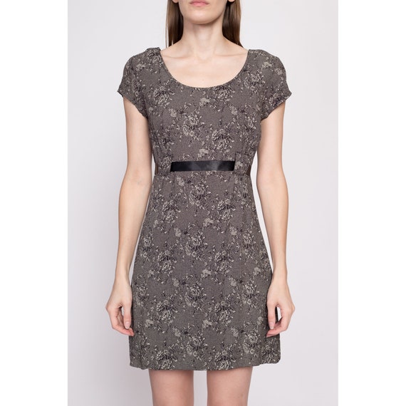 Small 80s Black Floral Satin Tie Mini Dress | Vin… - image 2