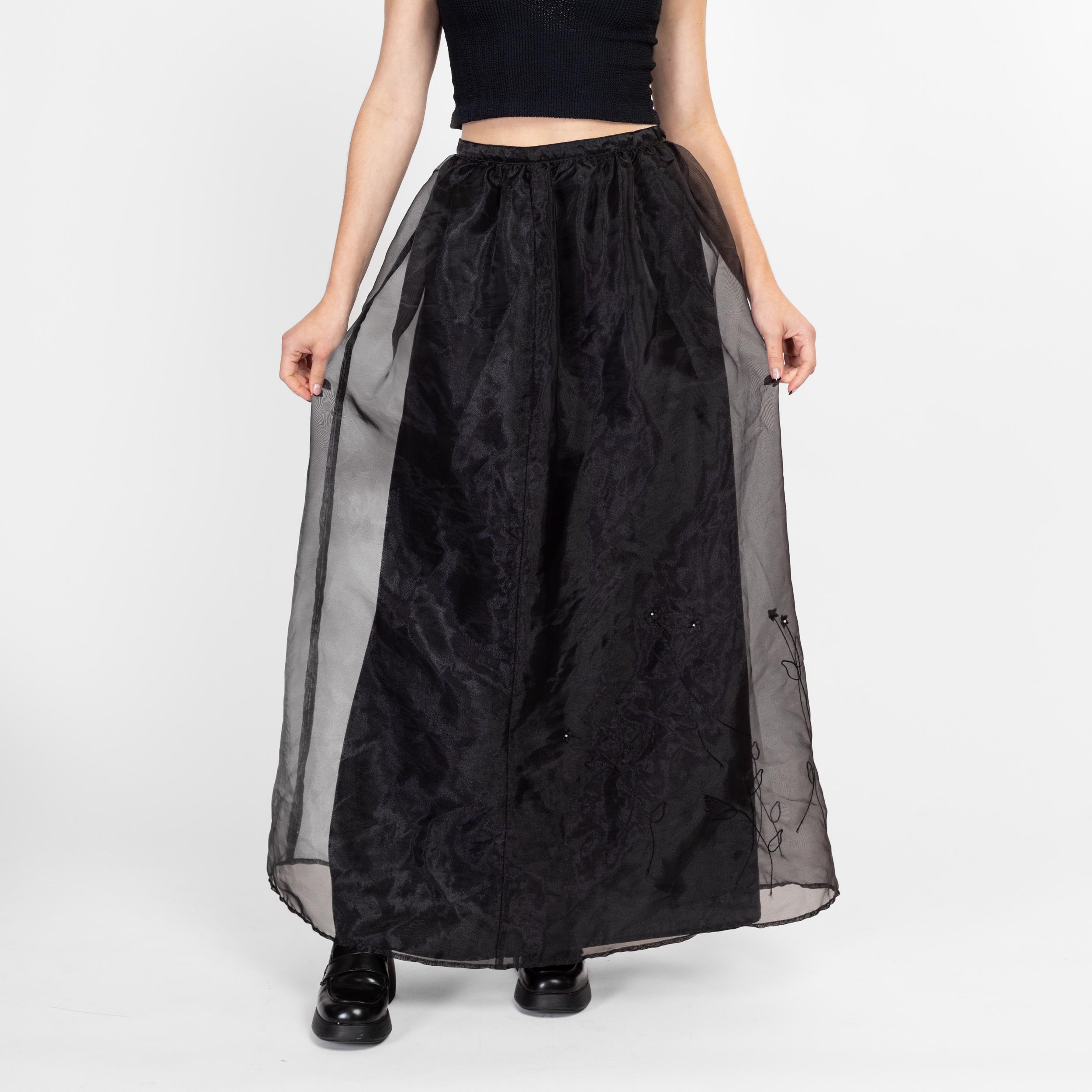 Sm-med 80s Black Organza Floral Maxi Skirt 28
