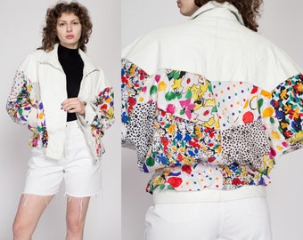 Medium 80s White Leather Colorful Abstract Print Jacket | Vintage Distressed Oversized Streetwear Coat
