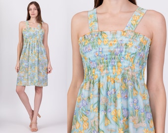 Small 70s Sheer Blue Floral Sundress | Vintage Shirred Bodice Boho Hippie Mini Dress