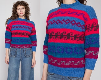 Petite Medium 70s Blue & Red Striped Lambswool Knit Sweater | Vintage Bolivian Wool Mockneck Pullover Jumper