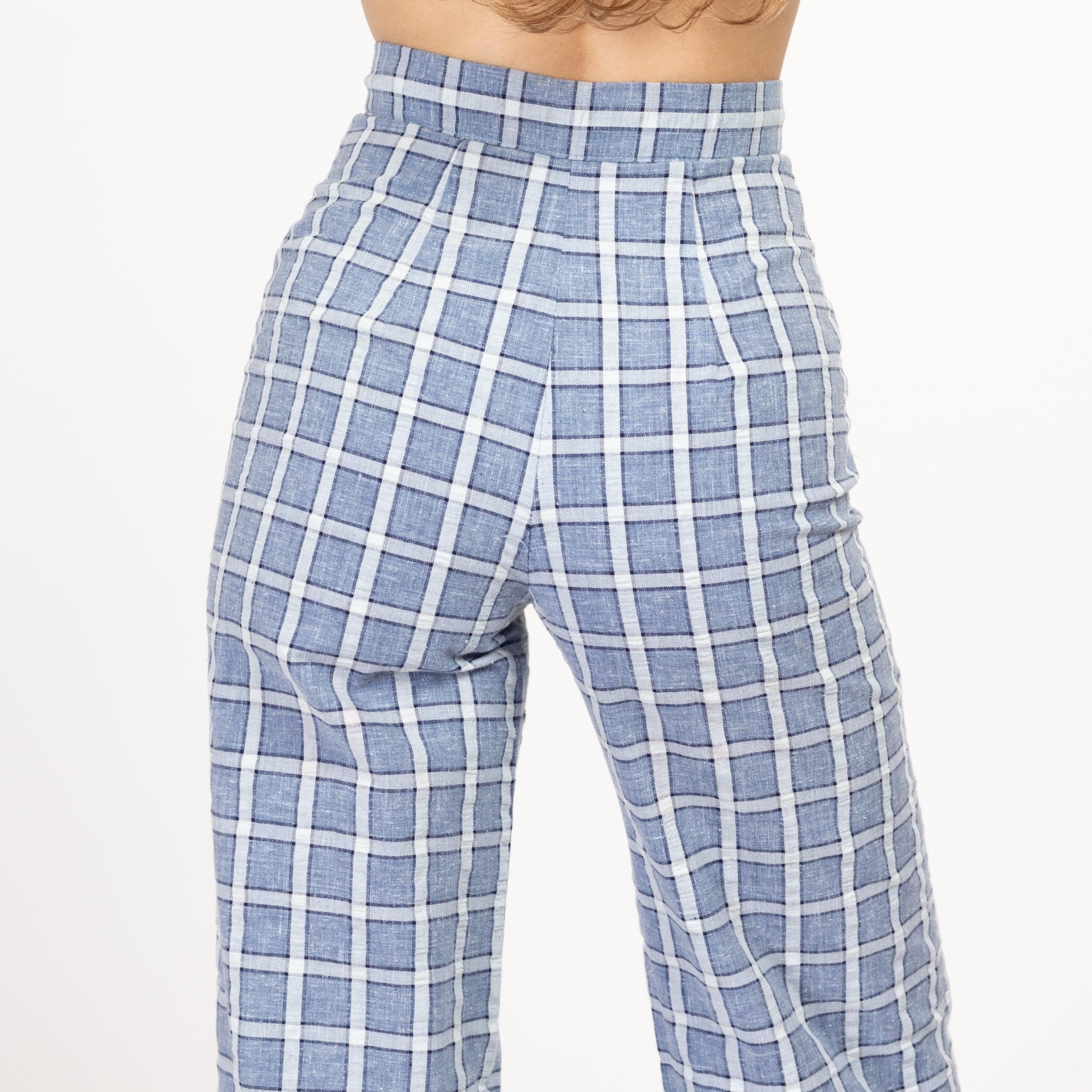 XXS 70s Blue & White Windowpane Plaid Flared Pants 22.5