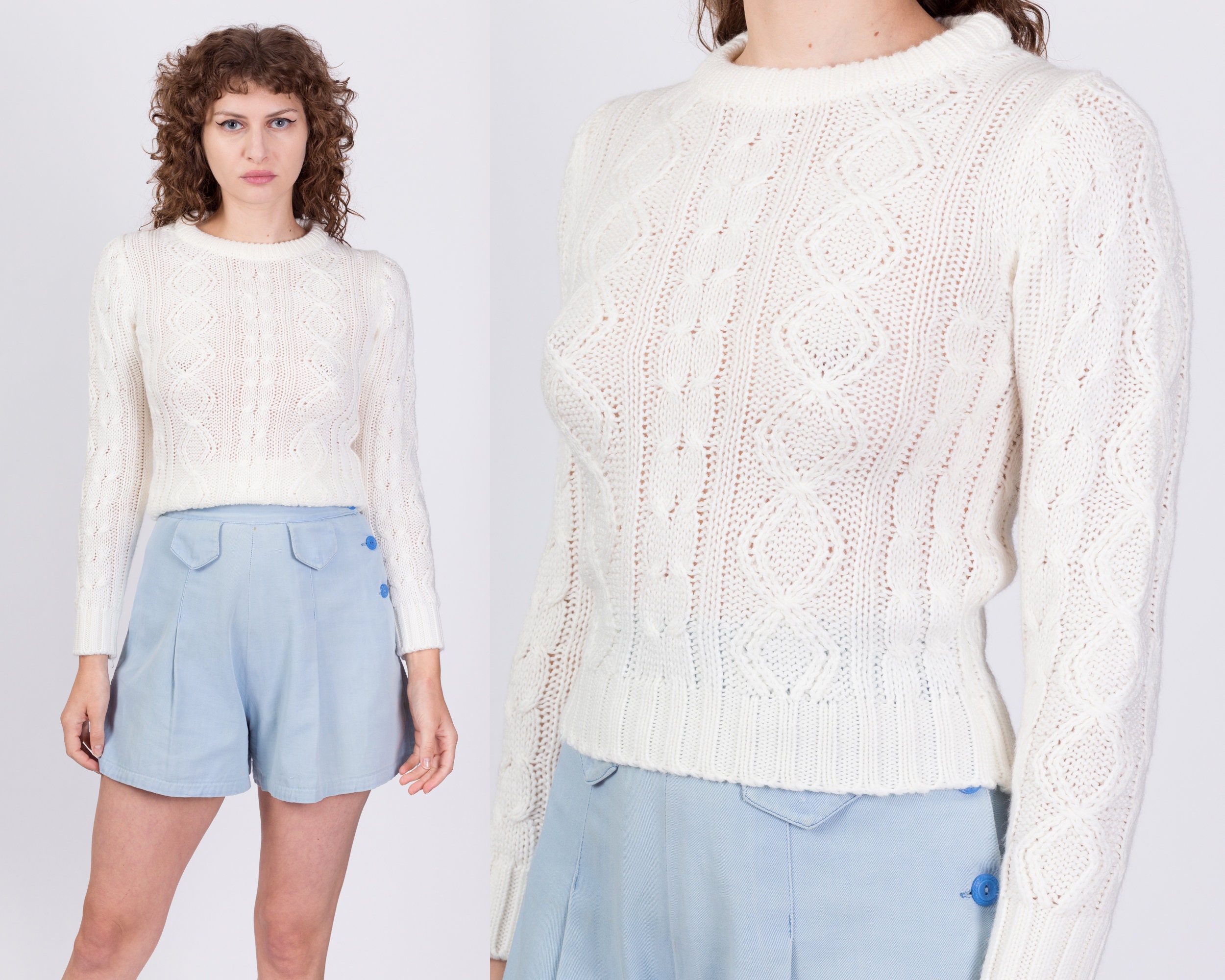 Vintage White Cropped Cable Knit Sweater Extra Small 80s - Etsy