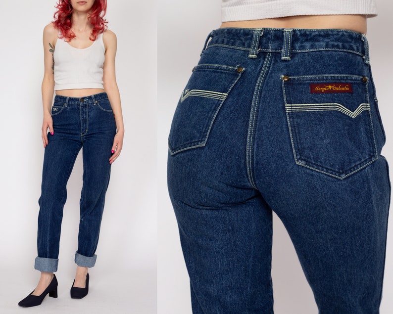 XXS 80s Sergio Valente Mid Rise Jeans Vintage Dark Wash Denim Tapered Leg Long Inseam Jeans image 1
