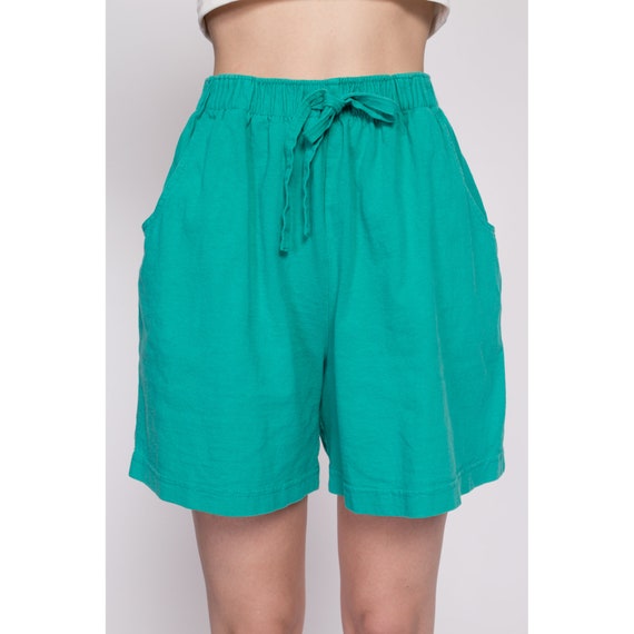 80s Teal Green Cotton Elastic Waist Shorts Small … - image 3