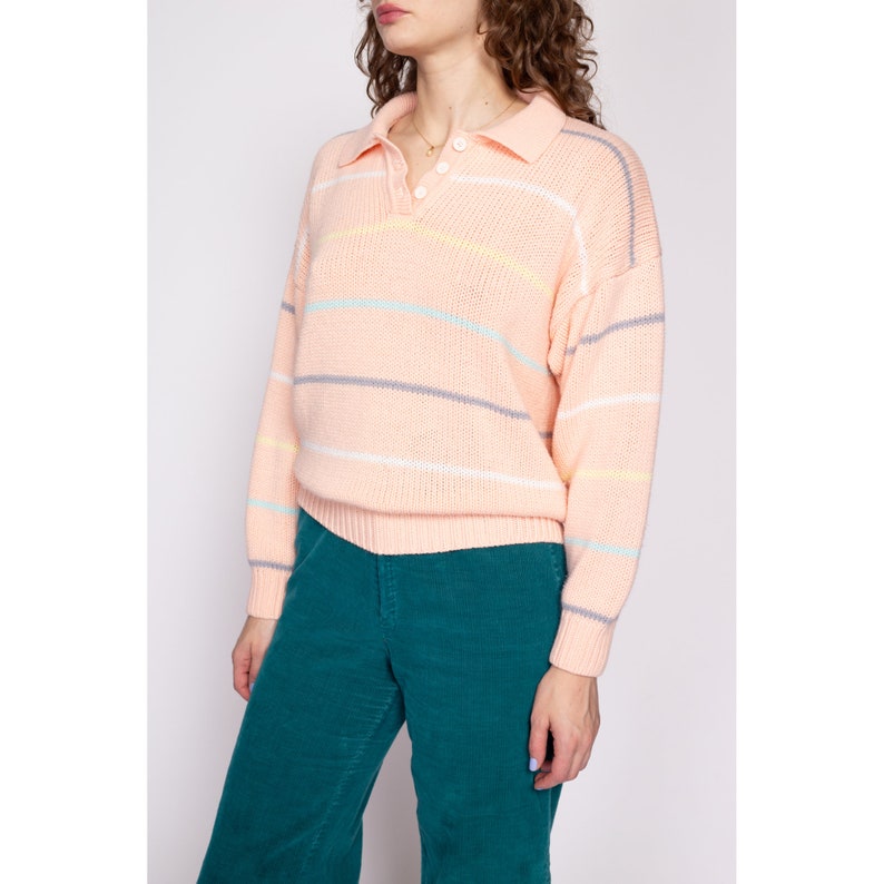 80s Striped Pastel Orange Henley Sweater Medium Vintage Collared Knit Pullover Jumper image 4