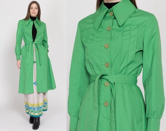 Small 70s Kelly Green Belted Trench Coat | Vintage Mod Button Up Long Jacket