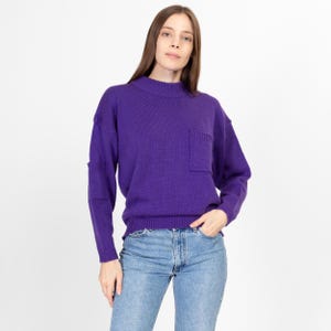 Large 80s Purple Mockneck Pocket Sweater | Vintage Plain Knit Slouchy Pullover