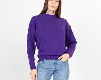Suéter morado de cuello alto con bolsillo de los años 80 - Grande / Jersey holgado vintage de punto liso