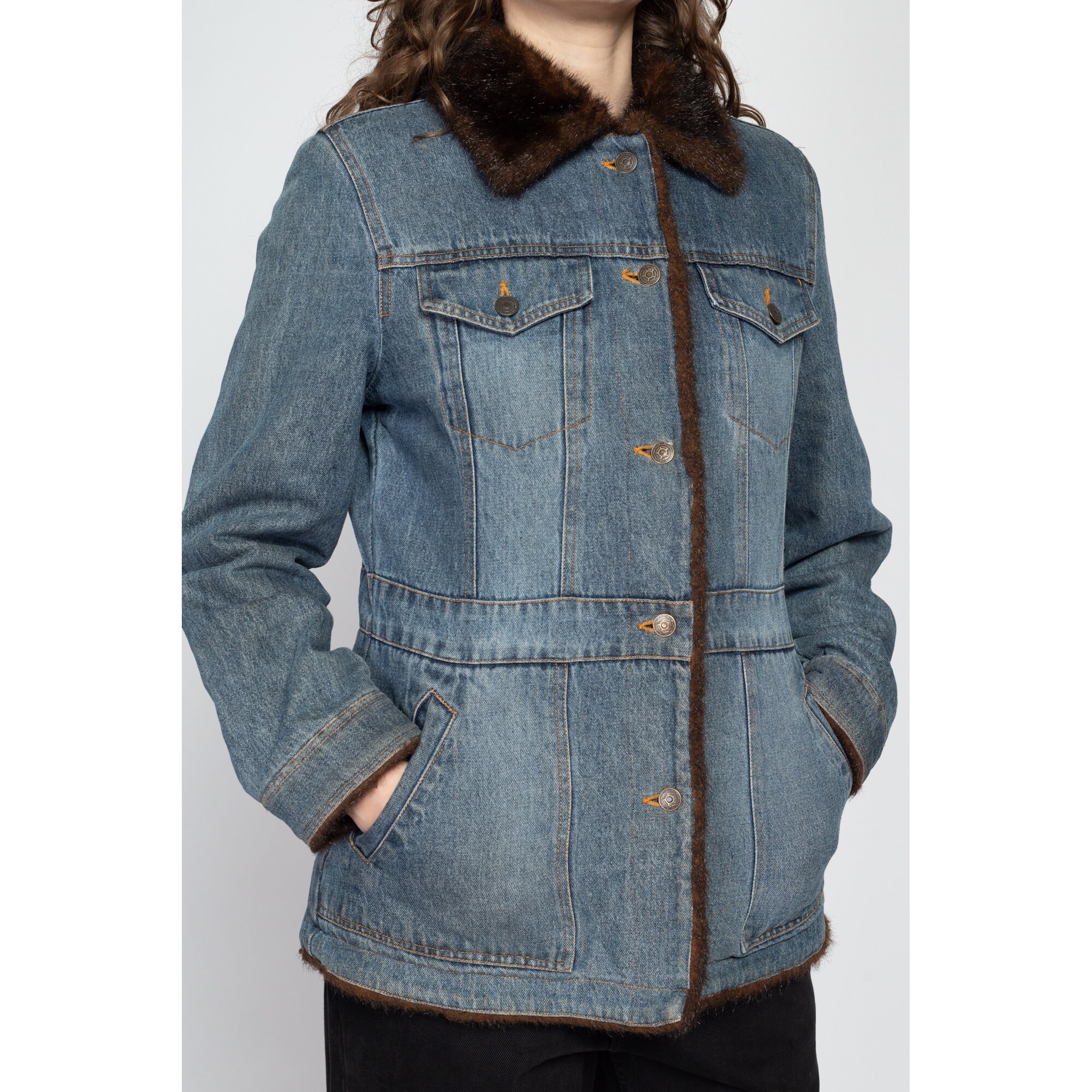 90s Denim Faux Fur Lined Jacket - Medium | Vintage Marvin Richards 