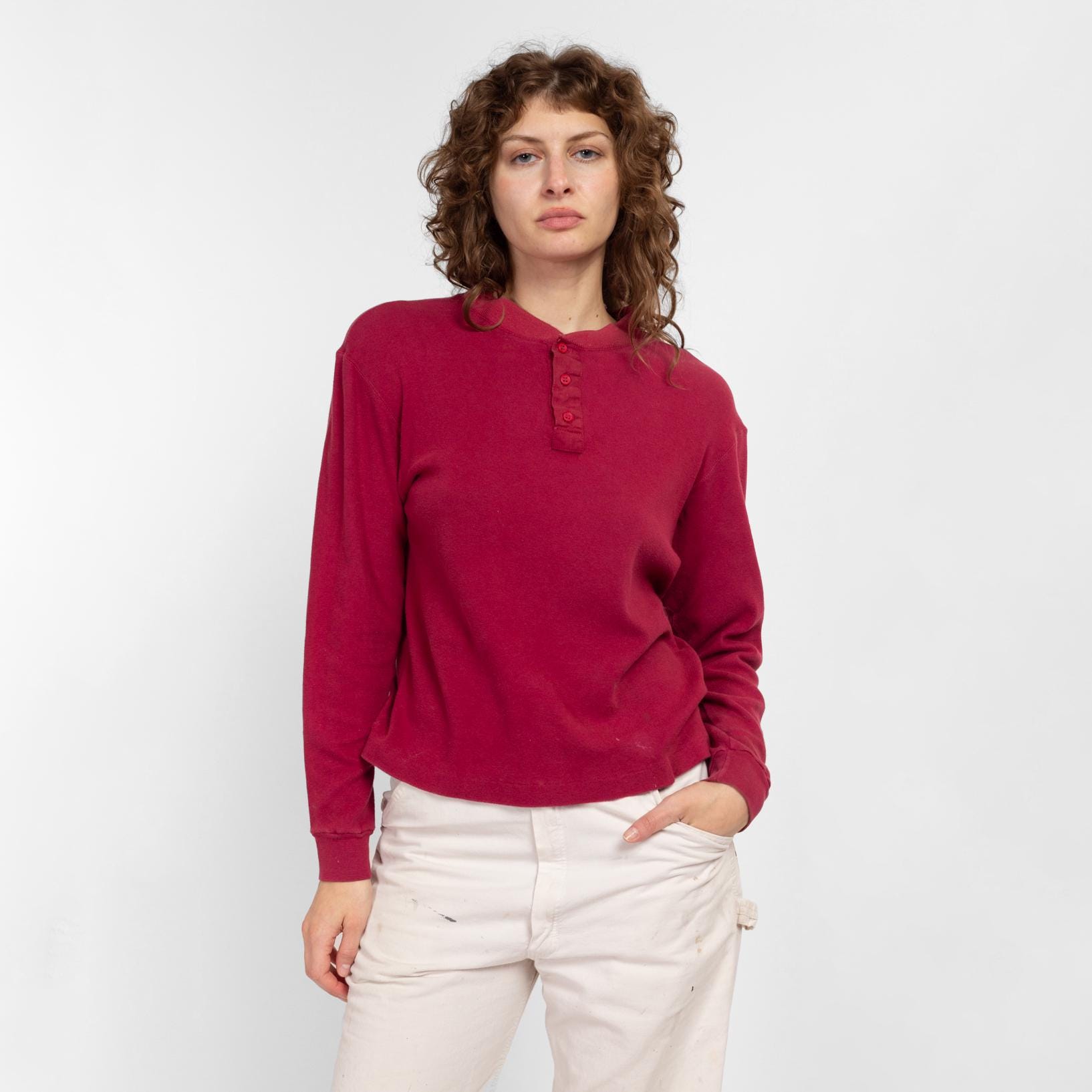 ★BADBLOOD★ Beyond Soft Henley Neck Long Sleeve Stripe Wine Med-lrg 80s Wine Red Cotton Henley Shirt Unisex | Vintage