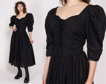 Med-Lrg 80s Black Eyelet Lace-Up Gothic Prairie Dress | Vintage Puff Sleeve Rockabilly Western Maxi Dress