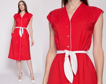 XS 70s Red Belted Cap Sleeve Shirtdress | Vintage Button Up Midi A Line Day Dress