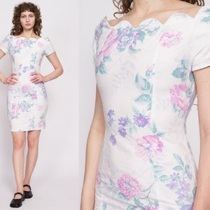 80s Off-Shoulder Peony & Daisy Print Party Dress Small Vintage White Floral Scalloped Neck Sheath Mini Dress image 1