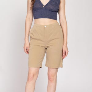 Sm-Med 90s Khaki Silk Blend Shorts | Vintage Soft Twill Minimalist Long Inseam Bermuda Shorts